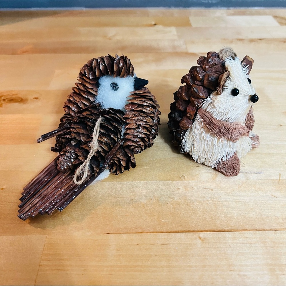 Set of 2 Pinecone Ornaments: Bird (4”x6”) & Hedgehog (3.5”x4) Christmas